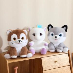 Plush toy set featuring a cute brown cat, white unicorn, and grey husky dog for kids
