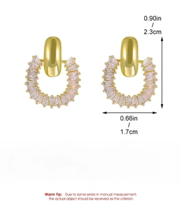 Detailed dimensions of gold geometric earrings with pink and clear cubic zirconia stones