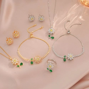 Titanium Steel Sunflower Daisy Jewelry Necklace Ring Earrings Bracelet Rhinestone Inlaid Accessory For Women Fashion Jewelry