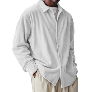 Men's loose light grey corduroy long sleeve shirt with classic lapel and button closure