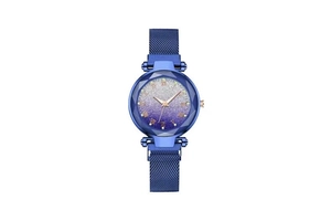 Close-up of blue starry sky dial with Roman numerals and magnetic Milanese strap watch