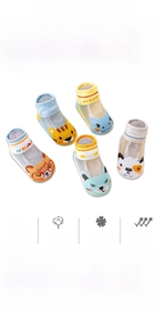Breathable mesh baby floor socks with cute cartoon animals and ribbed elastic cuffs
