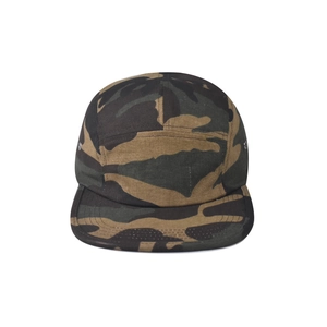 Close-up of five-panel cotton camouflage camper cap with side metal eyelets and flat brim