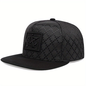 Streetwear black flat brim baseball cap with vintage monogram texture and square patch