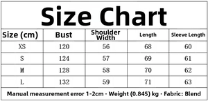 Size guide for women fashion trench coat with chest and sleeve dimensions in cm