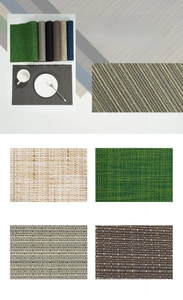 Close-up of woven PVC placemat texture and color options in beige and green