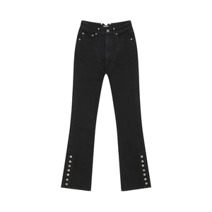 Mid-wash high-stretch black flare jeans with silver button slit detailing on the hem
