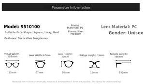 Size chart showing 155mm width mosaic sunglasses for square or oval face shapes