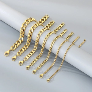 Polished gold stainless steel Cuban link bracelets in various widths for men and women