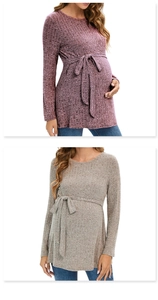 Detailed ribbed knit texture and adjustable waist tie on maternity long sleeve sweaters
