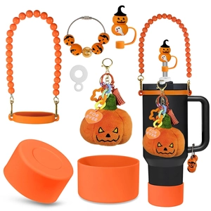 Halloween Stanley cup accessories set with orange silicone boot, straw cover and pumpkin charm