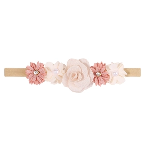 Handmade floral baby headband with pink roses and pearls on soft nylon elastic band