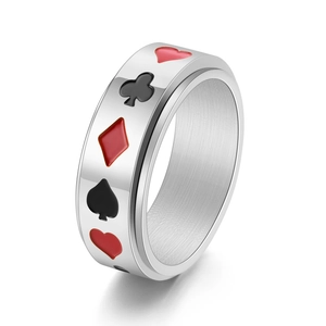 Bague rotative argentée pour homme avec motifs de cartes de poker en acier titane