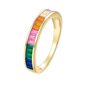 Classic minimalist gold S925 silver ring with channel-set rainbow gradient gemstones