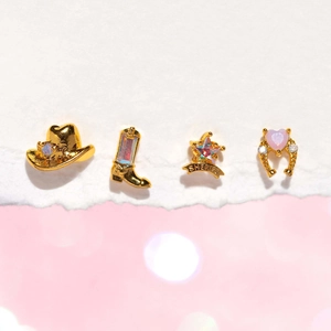 Golden Western cowboy set featuring hat, boots, sheriff star, and horseshoe stud earrings