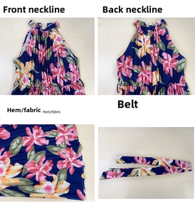 Detailed close-up of floral pleated dress fabric with halter neck and matching belt details