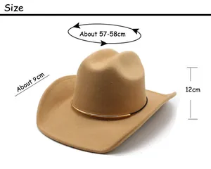 Size chart for western cowboy wool felt hat showing 57-58cm circumference and 9cm brim