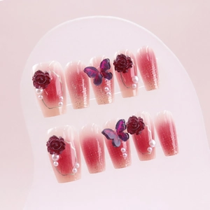 Handmade Press On Nails Long Coffin 3D Camellia Rose Butterfly Artificial Pearl Decor Glitter Gradient Elegant Lady