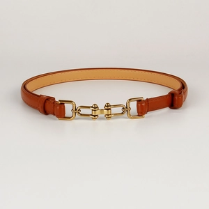 Detail of slim brown leather belt with adjustable antique gold metal link buckle