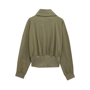 Back view of olive green stand collar batwing sleeve jacket with ribbed hem and cuffs