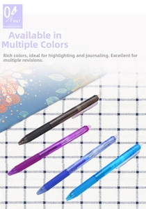 Detailed view of colorful erasable gel pens set with thermal friction eraser on paper