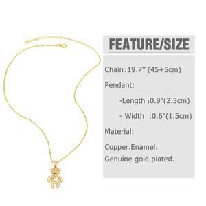 Detailed size specifications for gold teddy bear pendant necklace with 19.7 inch chain
