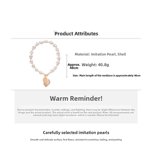 Detail showing baroque faux pearls and golden shell pendant with size 48cm and weight 40.8g
