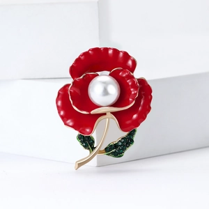 Exquisite red pansy enamel brooch with white pearl and green crystals on golden stem