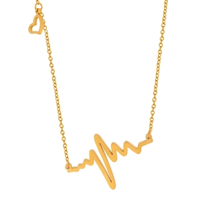 Minimalist gold titanium heartbeat necklace with small heart charm on white background