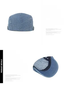Dettaglio della fibbia metallica regolabile e visiera curva del berretto in denim