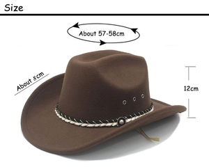Brown wool cowboy hat dimensions showing 57-58cm circumference and 8cm wide brim