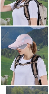 Detail of pink sun hat with retractable side flaps and breathable mesh for outdoor hiking