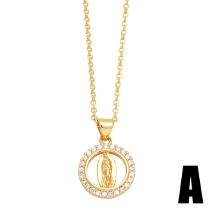 Golden necklace featuring a hollow round Virgin Mary pendant with sparkling pavé zircons