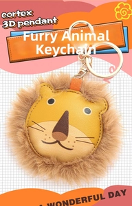 Detail of 3D leather lion keychain with faux fur trim and golden metal clip