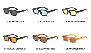 Matrix display of narrow rectangular punk sunglasses in six diverse frame and lens colors
