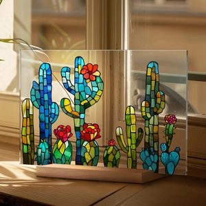 Detailed view of colorful stained glass cactus figurines on a natural wooden base