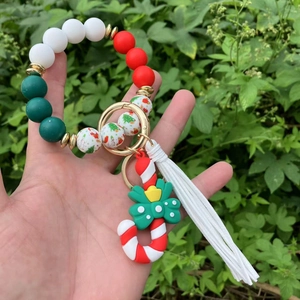 Christmas silicone beaded wristlet keychain with white tassel and candy cane charm