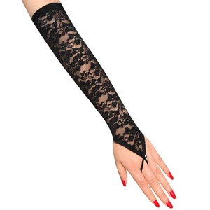Detail of black floral lace long gloves with finger loop design and sheer mesh texture
