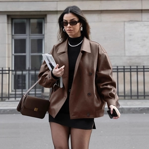 Women Faux Leather Jacket Oversized Retro Suit Collar Button Front Blazer Style Outerwear