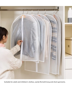 Detail showing hanging garment dust covers with zippers for various clothing lengths