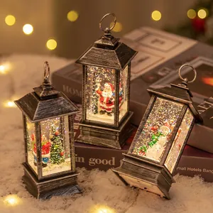 Set of 3 vintage silver Christmas lanterns with Santa and snowman scenes inside