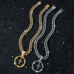 Hip hop iced out Cuban chain necklace with spiked cross pendant in gold and silver set