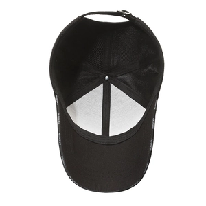 Inside view of a black cotton baseball cap showing internal sweatband and adjustment buckle