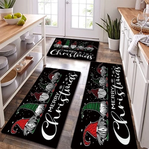 Three-piece Christmas kitchen mat set with festive gnome pattern on black non-slip fabric