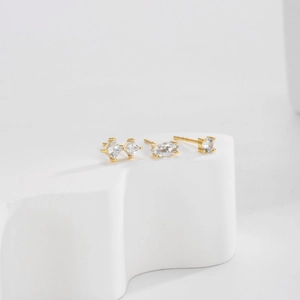 S925 silver stud earring set with geometric gold shapes and sparkling white zircons