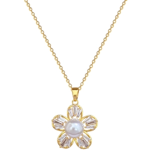 Luxurious gold flower pendant necklace featuring white pearl and pavé cubic zirconia