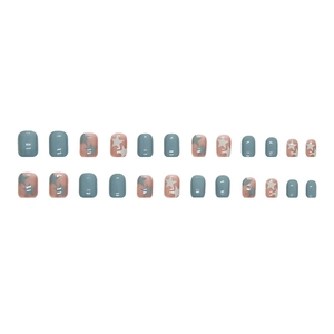 Blue and pink short square oval press-on nails with white star patterns, 24-piece set