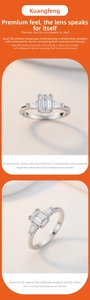 Macro shot of 925 silver ring featuring emerald cut moissanite and baguette side stones