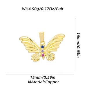 Golden copper butterfly pendant with gems and dimensions 16mm x 15mm for DIY jewelry