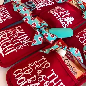 Christmas Pot Holder Baking Gift Set with Red Heat Resistant Pad and Blue Spatula